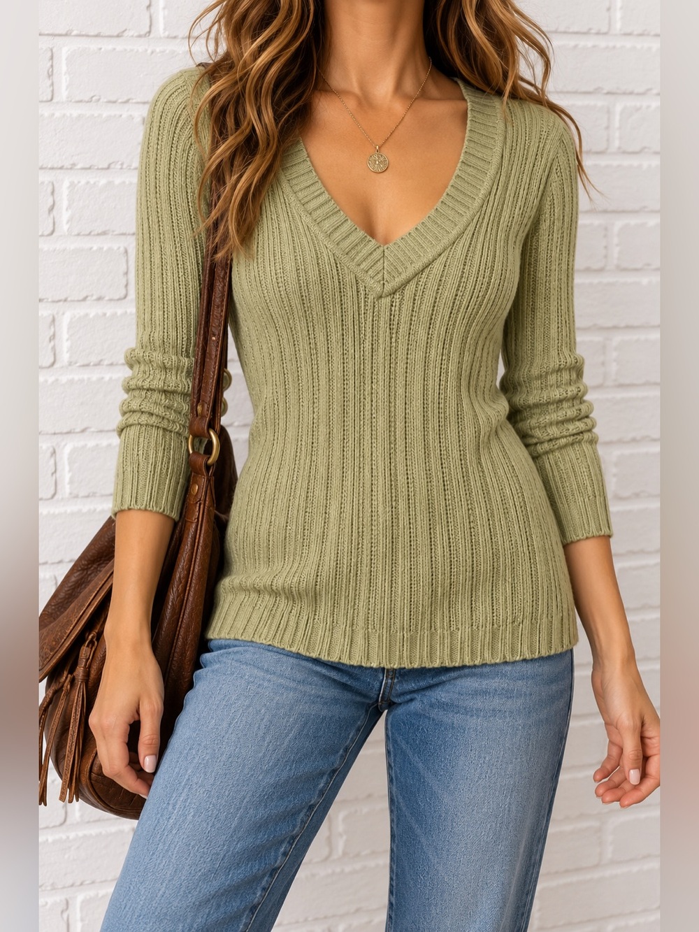 Faded Glory Cilantro Green V Neck Ribbed Sweater S Y2K 54% Cotton